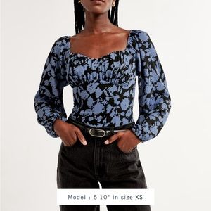 NWT AF Long-Sleeve Ruched Puff Sleeve Slim Top